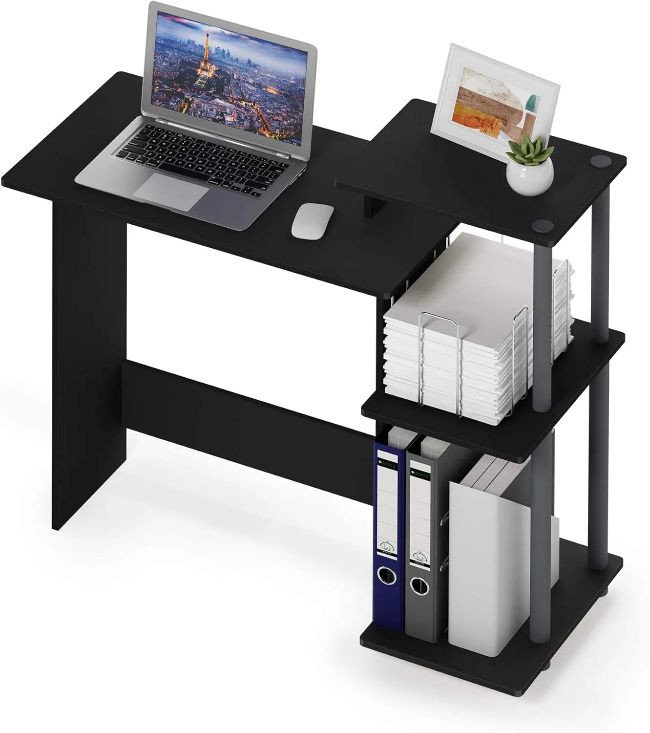 Furinno Efficient Home Laptop Notebook Computer Desk with Square Shelves, Black/Grey