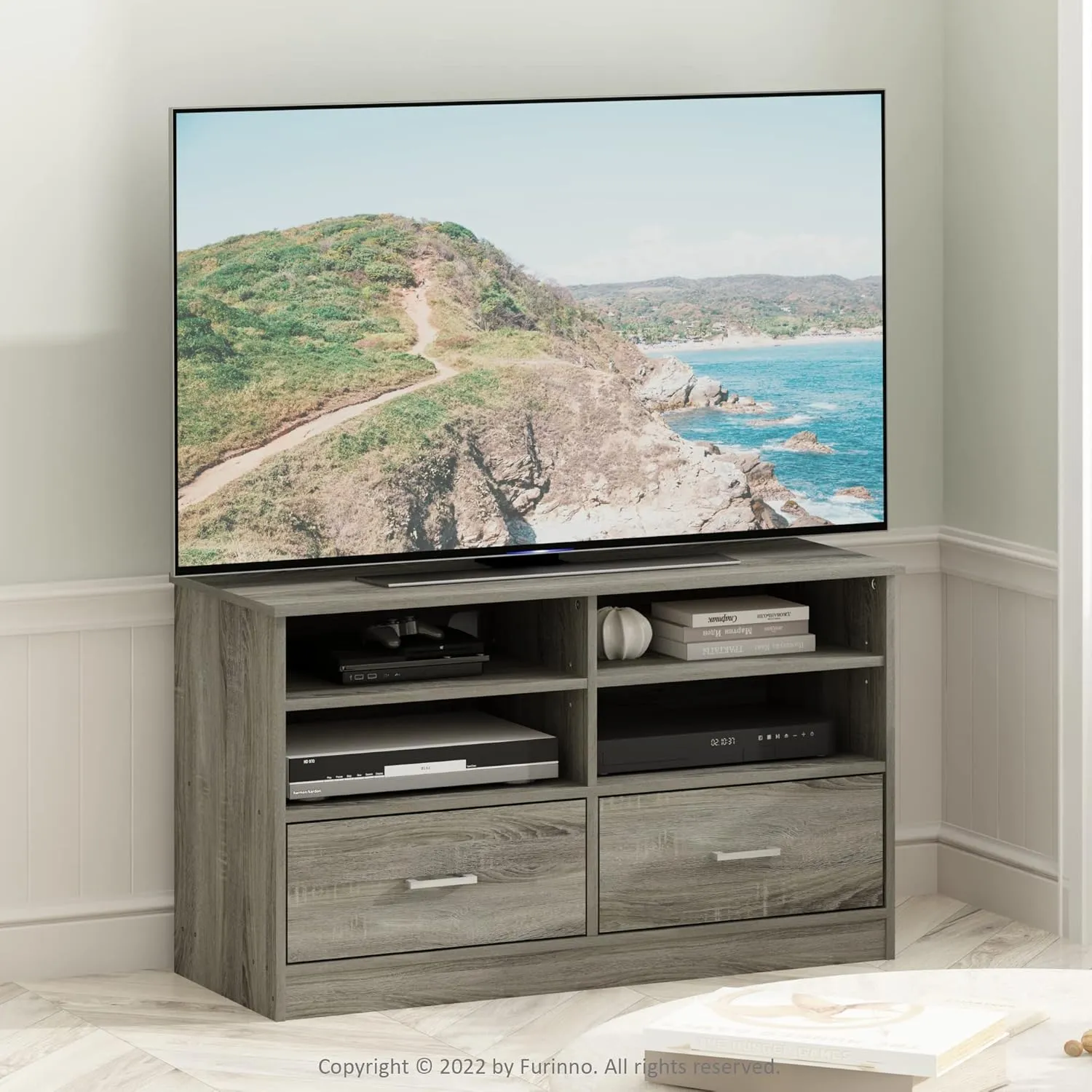 Furinno Jensen TV Stand with Drawer, French Oak, Large