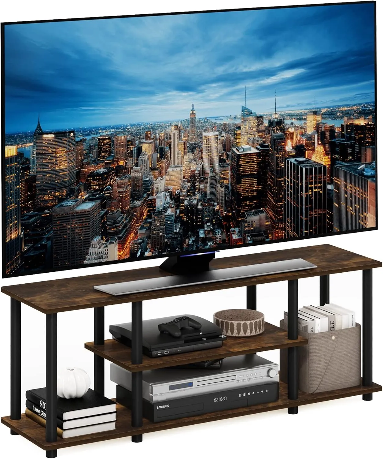 Furinno Turn-N-Tube No Tools 3D 3-Tier Entertainment Stand up to 50 inch TV, Amber Pine/Black