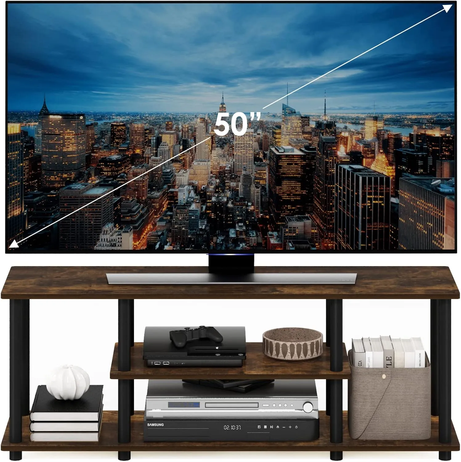 Furinno Turn-N-Tube No Tools 3D 3-Tier Entertainment Stand up to 50 inch TV, Amber Pine/Black