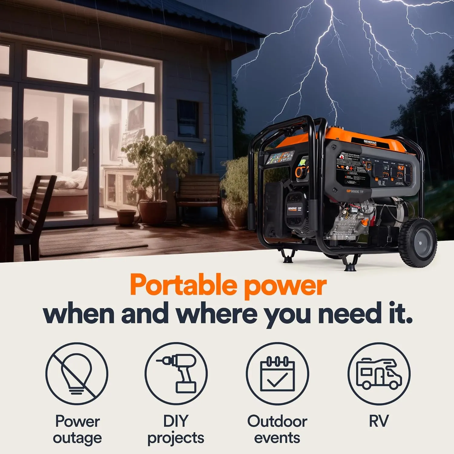 Generac 9,500-Watt Tri-Fuel Powered Portable Generator - Compatible with Gas, Propane or Natural Gas - COsense Technology - Power for Emergencies and Recreation - Orange/Black - 49 State Compliant