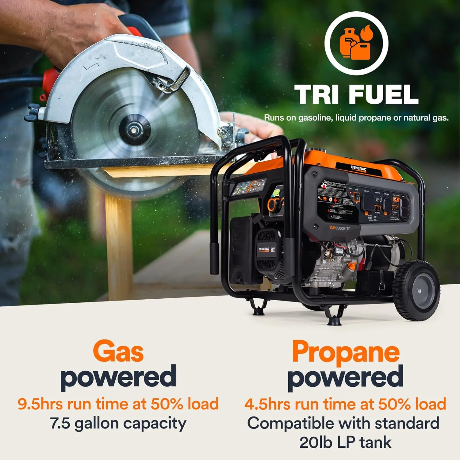 Generac 9,500-Watt Tri-Fuel Powered Portable Generator - Compatible with Gas, Propane or Natural Gas - COsense Technology - Power for Emergencies and Recreation - Orange/Black - 49 State Compliant