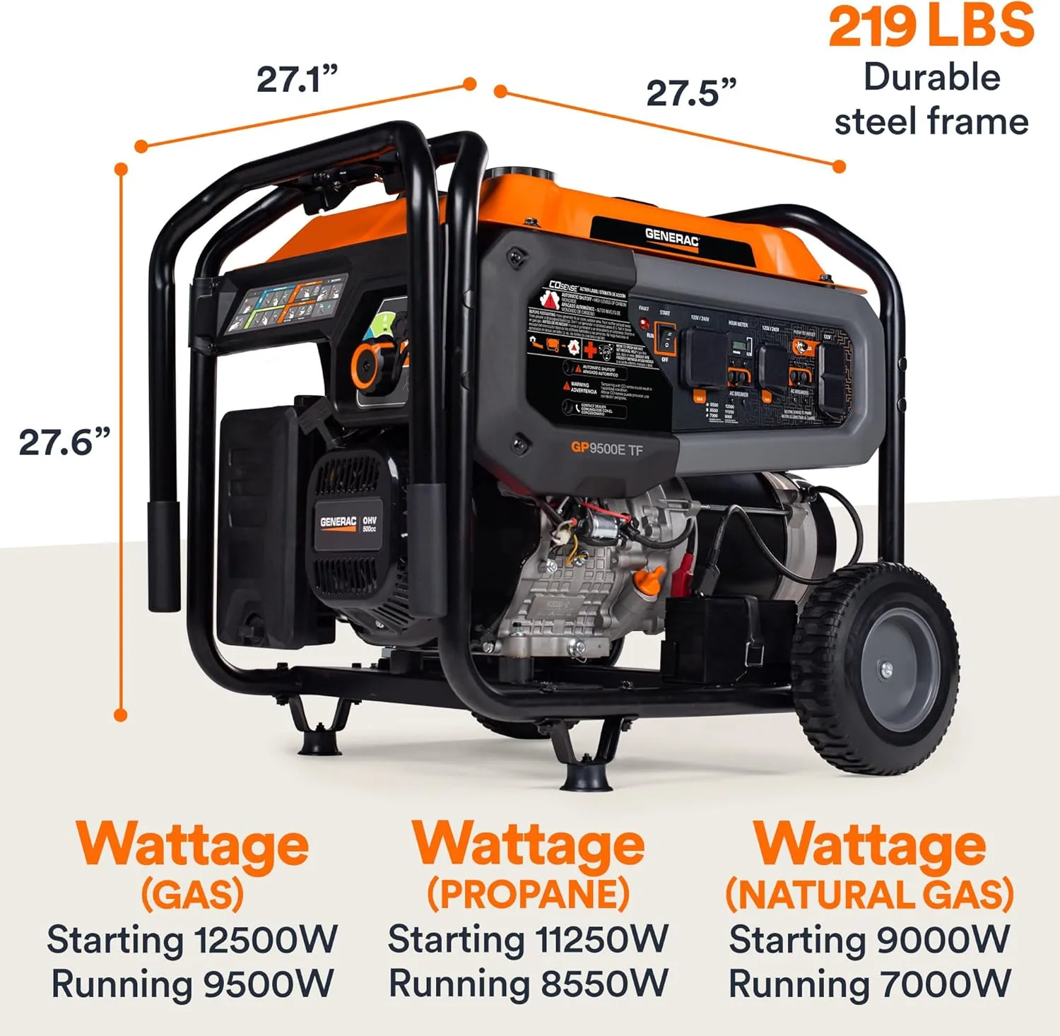 Generac 9,500-Watt Tri-Fuel Powered Portable Generator - Compatible with Gas, Propane or Natural Gas - COsense Technology - Power for Emergencies and Recreation - Orange/Black - 49 State Compliant