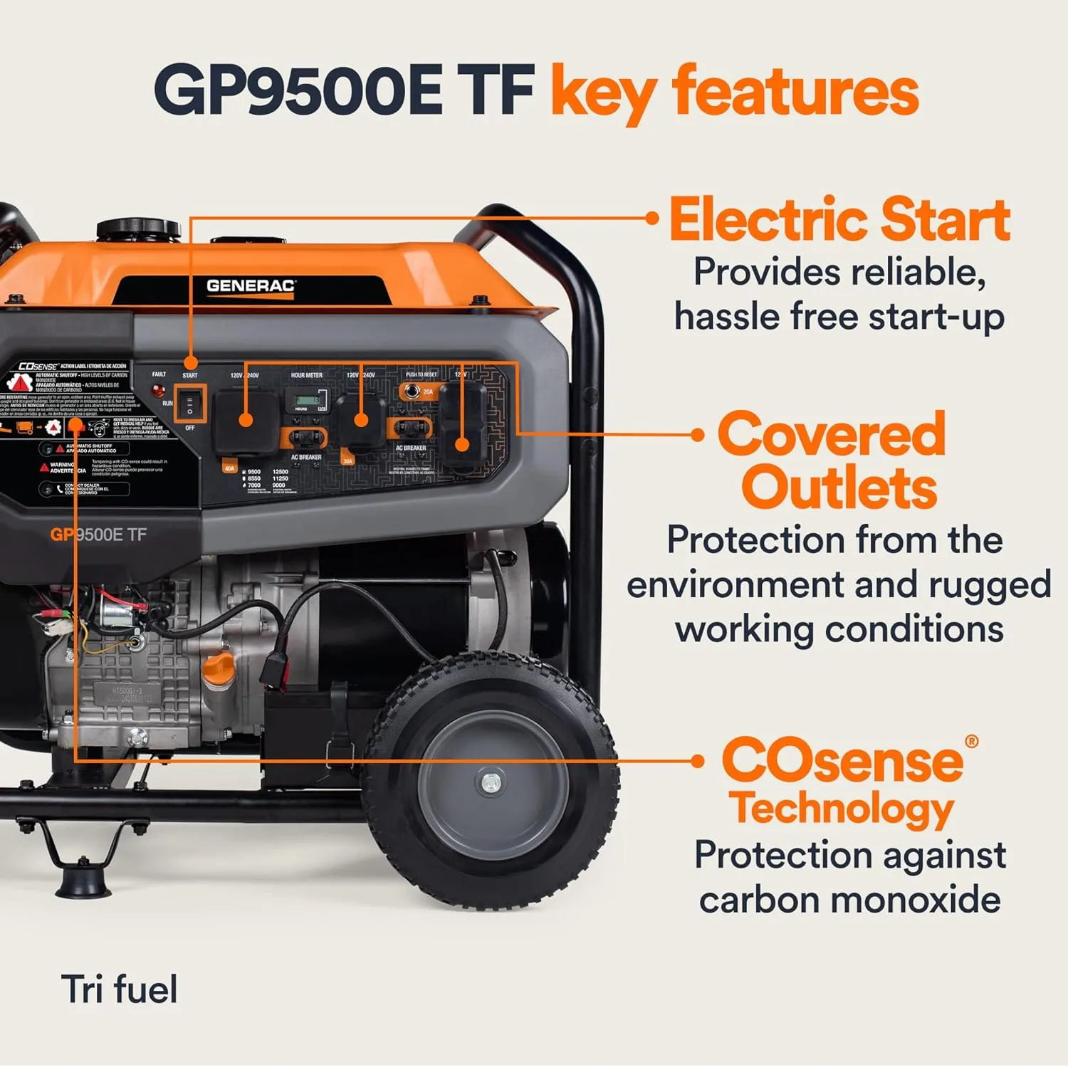 Generac 9,500-Watt Tri-Fuel Powered Portable Generator - Compatible with Gas, Propane or Natural Gas - COsense Technology - Power for Emergencies and Recreation - Orange/Black - 49 State Compliant