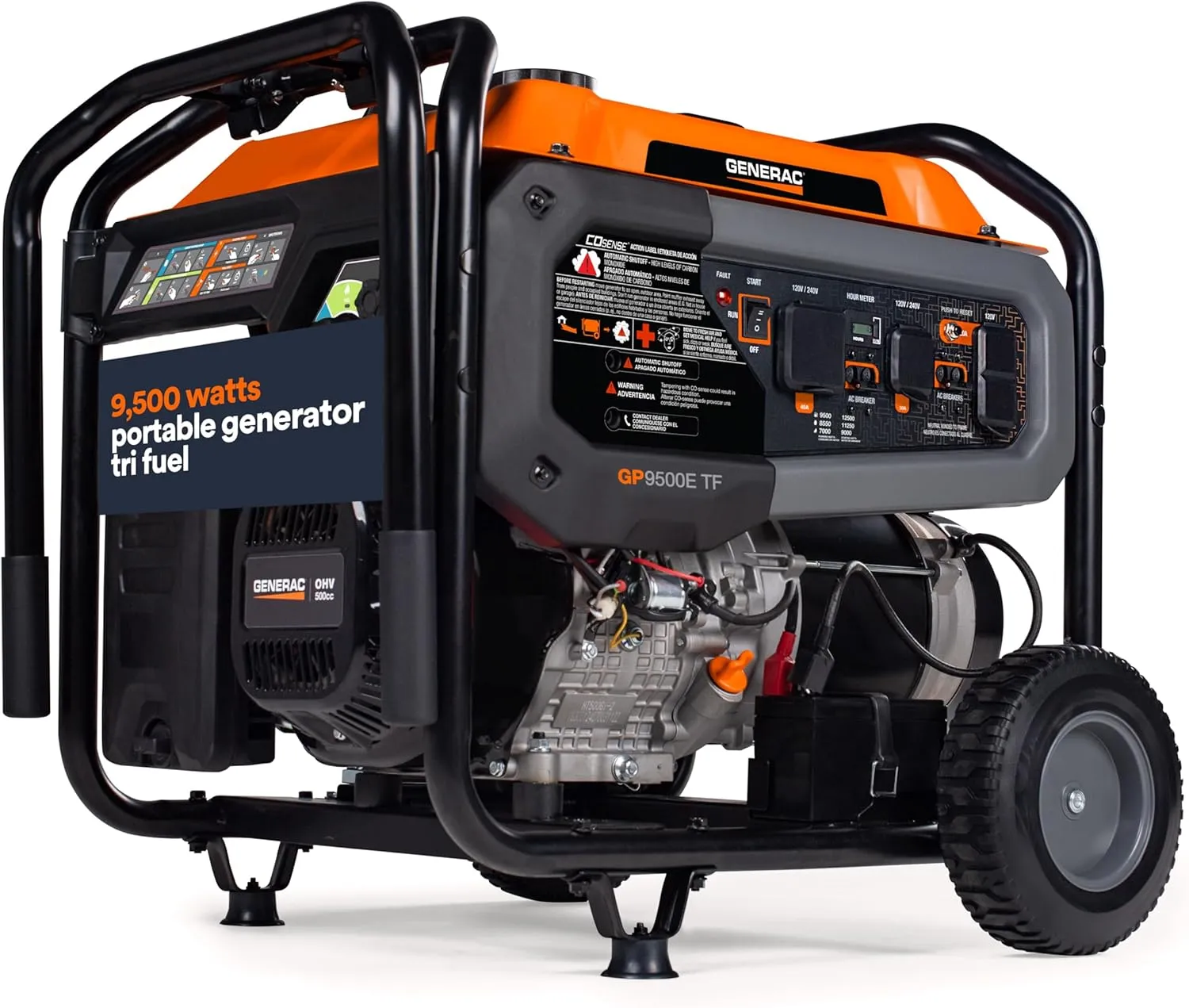 Generac 9,500-Watt Tri-Fuel Powered Portable Generator - Compatible with Gas, Propane or Natural Gas - COsense Technology - Power for Emergencies and Recreation - Orange/Black - 49 State Compliant