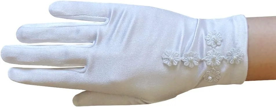 Girl's White Satin Gloves with Daisy Flowers Cross & Pearls