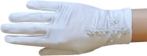Girl's White Satin Gloves with Daisy Flowers Cross & Pearls