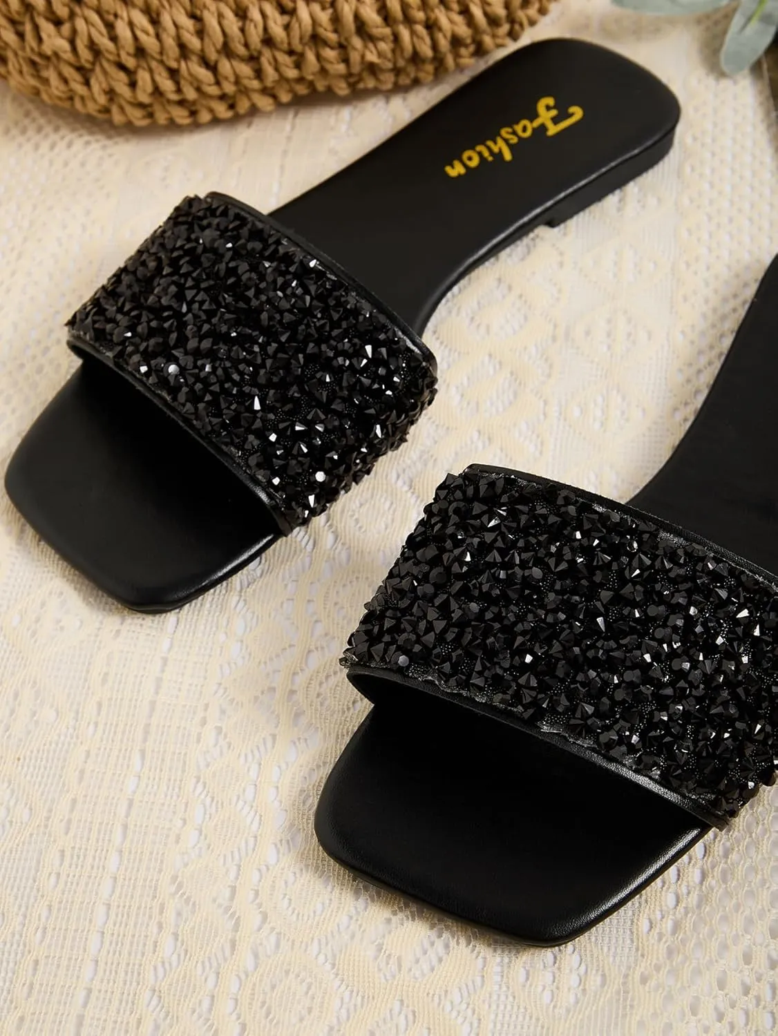 GORGLITTER Glitter Sandals Sparkly Sandals Casual Rhinestone Slides Bling Open Toe Sandals