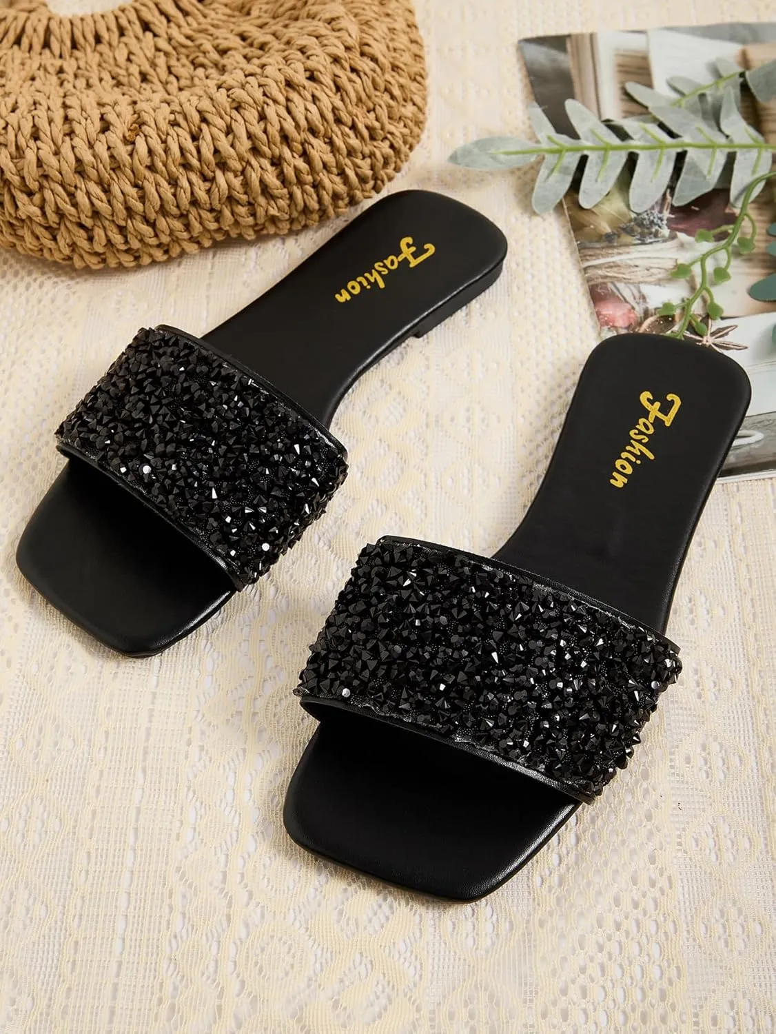 GORGLITTER Glitter Sandals Sparkly Sandals Casual Rhinestone Slides Bling Open Toe Sandals