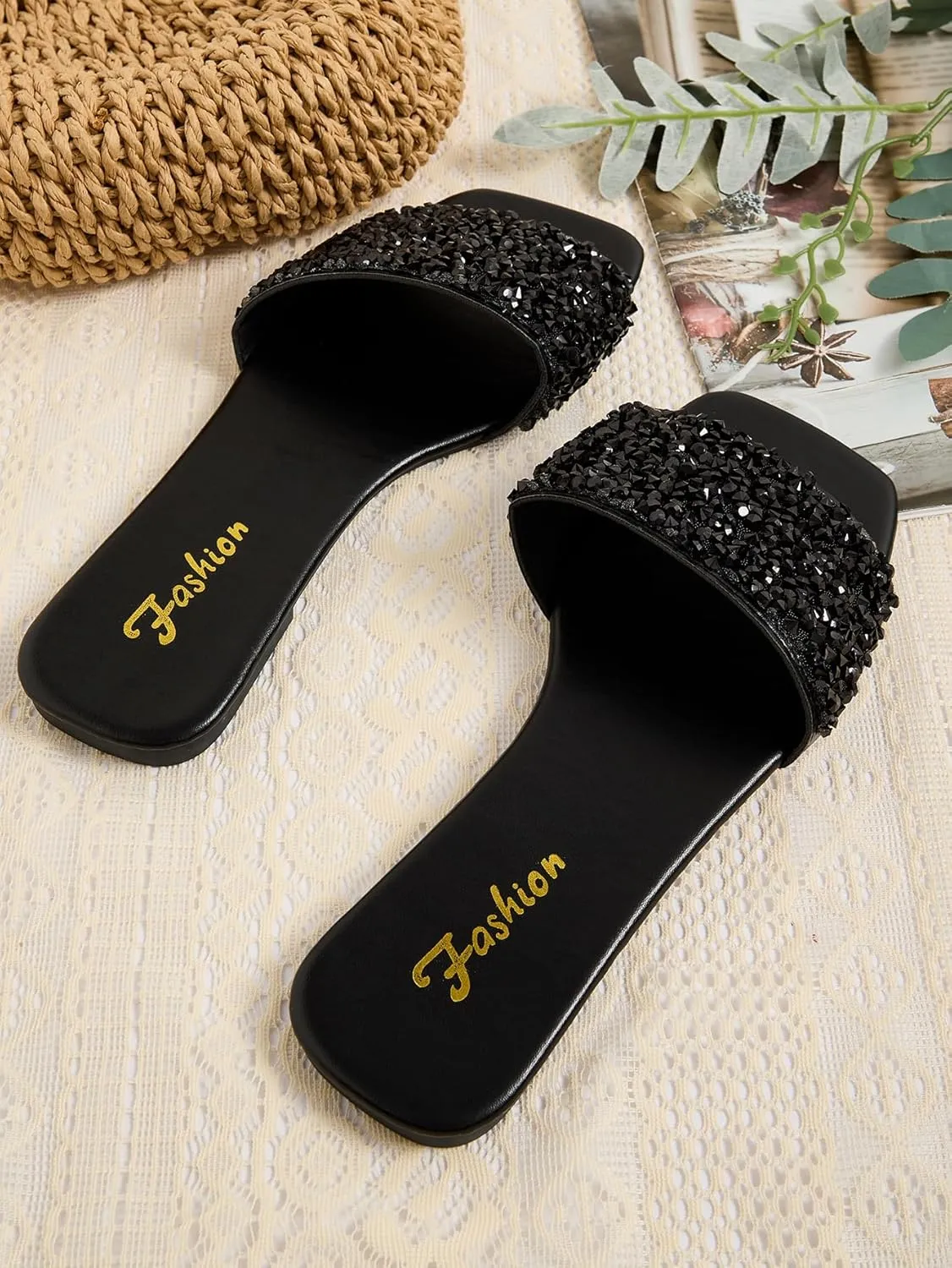 GORGLITTER Glitter Sandals Sparkly Sandals Casual Rhinestone Slides Bling Open Toe Sandals