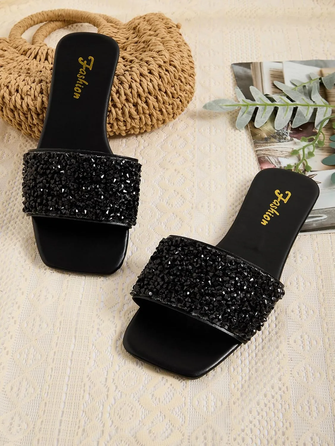 GORGLITTER Glitter Sandals Sparkly Sandals Casual Rhinestone Slides Bling Open Toe Sandals