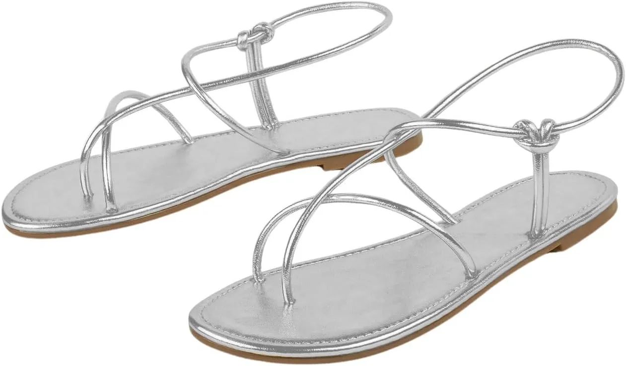 GORGLITTER Women's Metallic Strappy Flat Sandals Open Toe Dressy Summer Beach Thong Slides