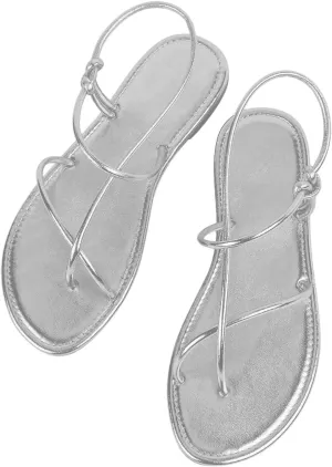 GORGLITTER Women's Metallic Strappy Flat Sandals Open Toe Dressy Summer Beach Thong Slides