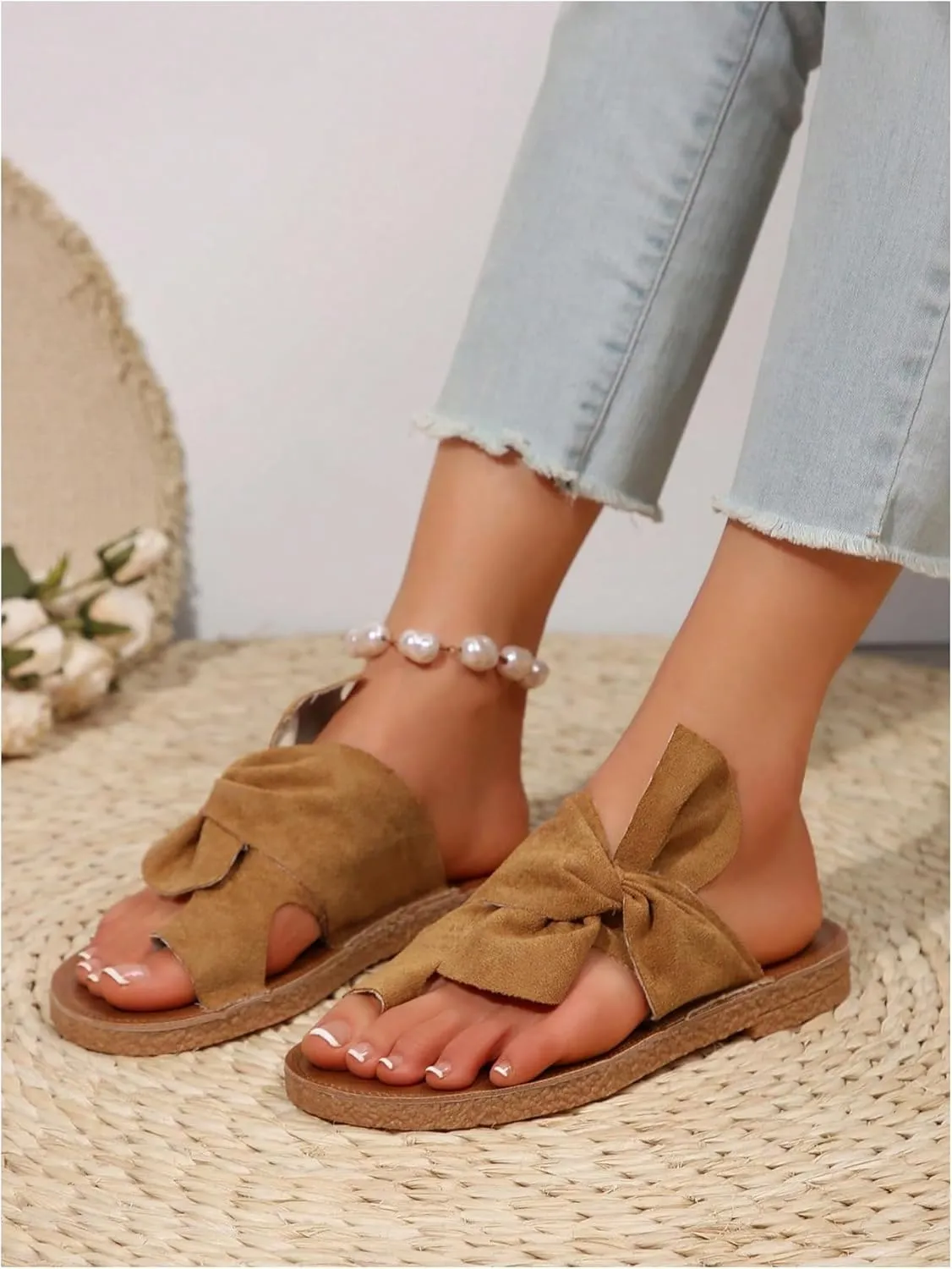 GORGLITTER Women's Rainbow Bow Tie Flat Beach Sandals 2025 Vacation Open Toe Thong Sandals Summer Slides Shoes