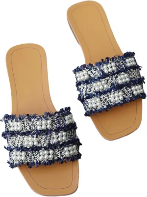 GORGLITTER Women's Summer Beach Flat Cute Sandals 2025 Color Block Faux Pearls Decor Leather Flat Slides