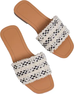 GORGLITTER Women's Summer Beach Flat Cute Sandals 2025 Color Block Faux Pearls Decor Leather Flat Slides