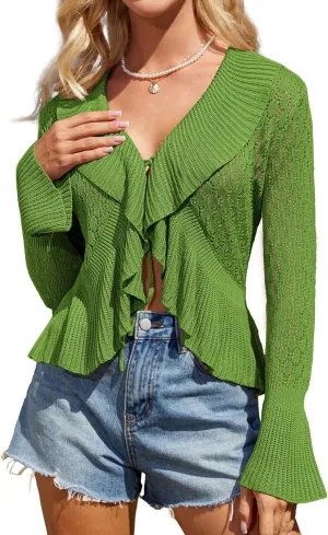GRACE KARIN Women Hollow Out Cardigan Sweater Lapel Tie Front Crochet Knit Shrugs Long Bell Sleeves with Ruffled Hem