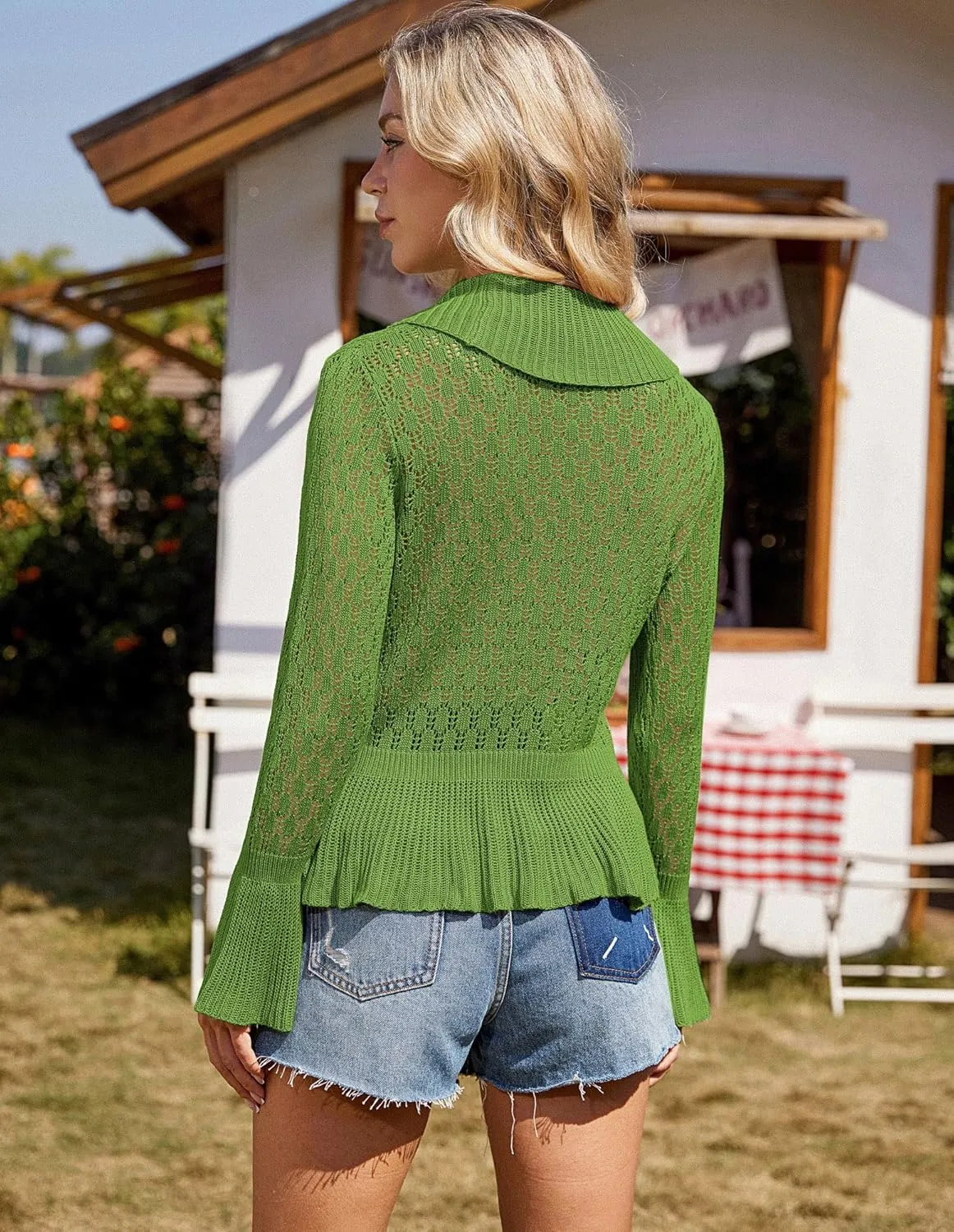 GRACE KARIN Women Hollow Out Cardigan Sweater Lapel Tie Front Crochet Knit Shrugs Long Bell Sleeves with Ruffled Hem