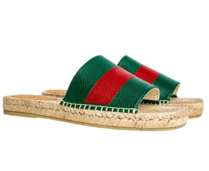 Gucci Green and Red Web Striped Espadrille Slides in Beige