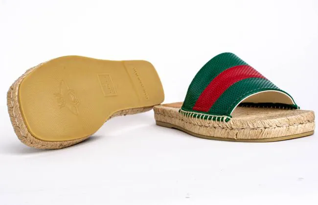 Gucci Green and Red Web Striped Espadrille Slides in Beige