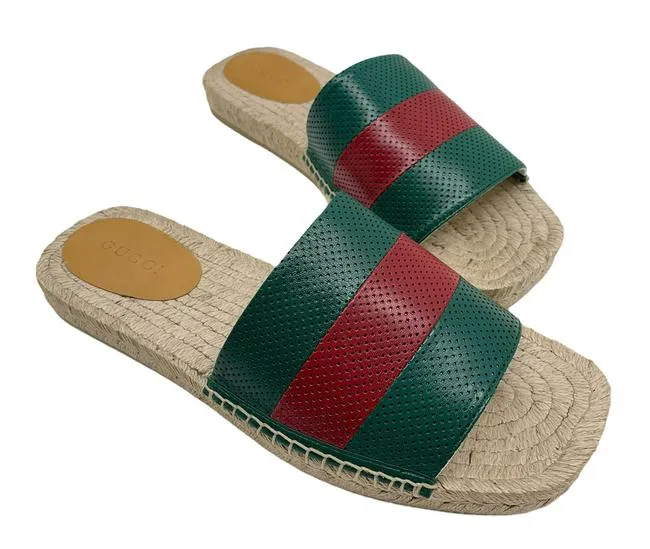Gucci Green and Red Web Striped Espadrille Slides in Beige
