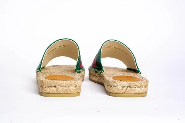 Gucci Green and Red Web Striped Espadrille Slides in Beige