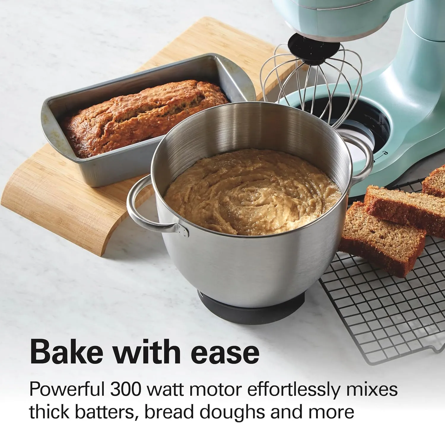 Hamilton Beach Electric Stand Mixer, 4 Quarts, Dough Hook, Flat Beater Attachments, Splash Guard, 7 Speeds with Whisk, Aqua