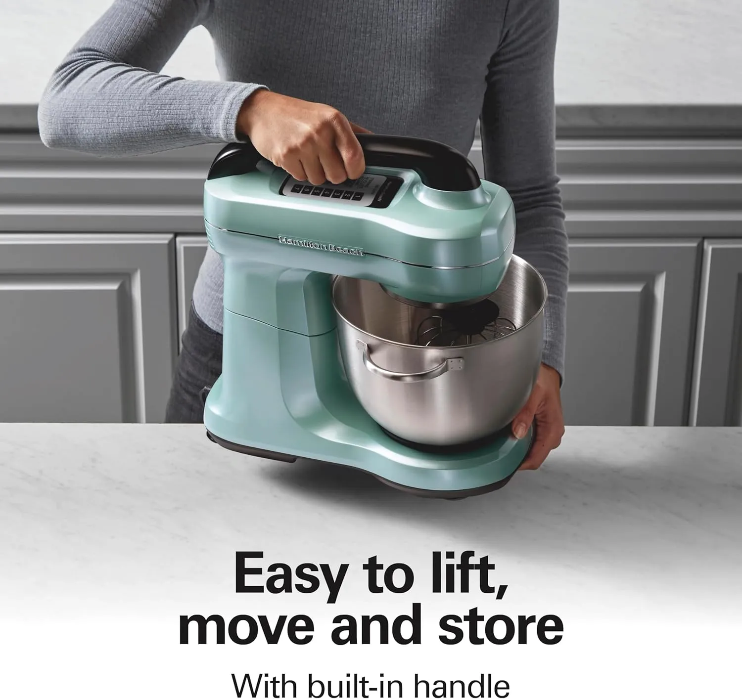 Hamilton Beach Electric Stand Mixer, 4 Quarts, Dough Hook, Flat Beater Attachments, Splash Guard, 7 Speeds with Whisk, Aqua