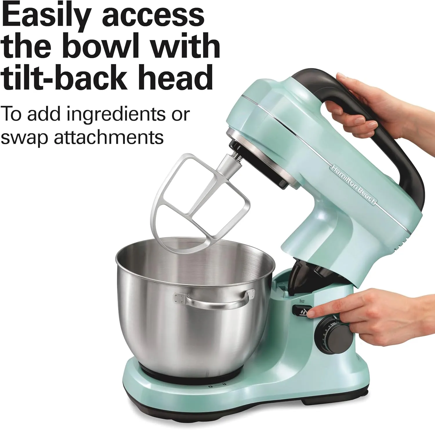 Hamilton Beach Electric Stand Mixer, 4 Quarts, Dough Hook, Flat Beater Attachments, Splash Guard, 7 Speeds with Whisk, Aqua