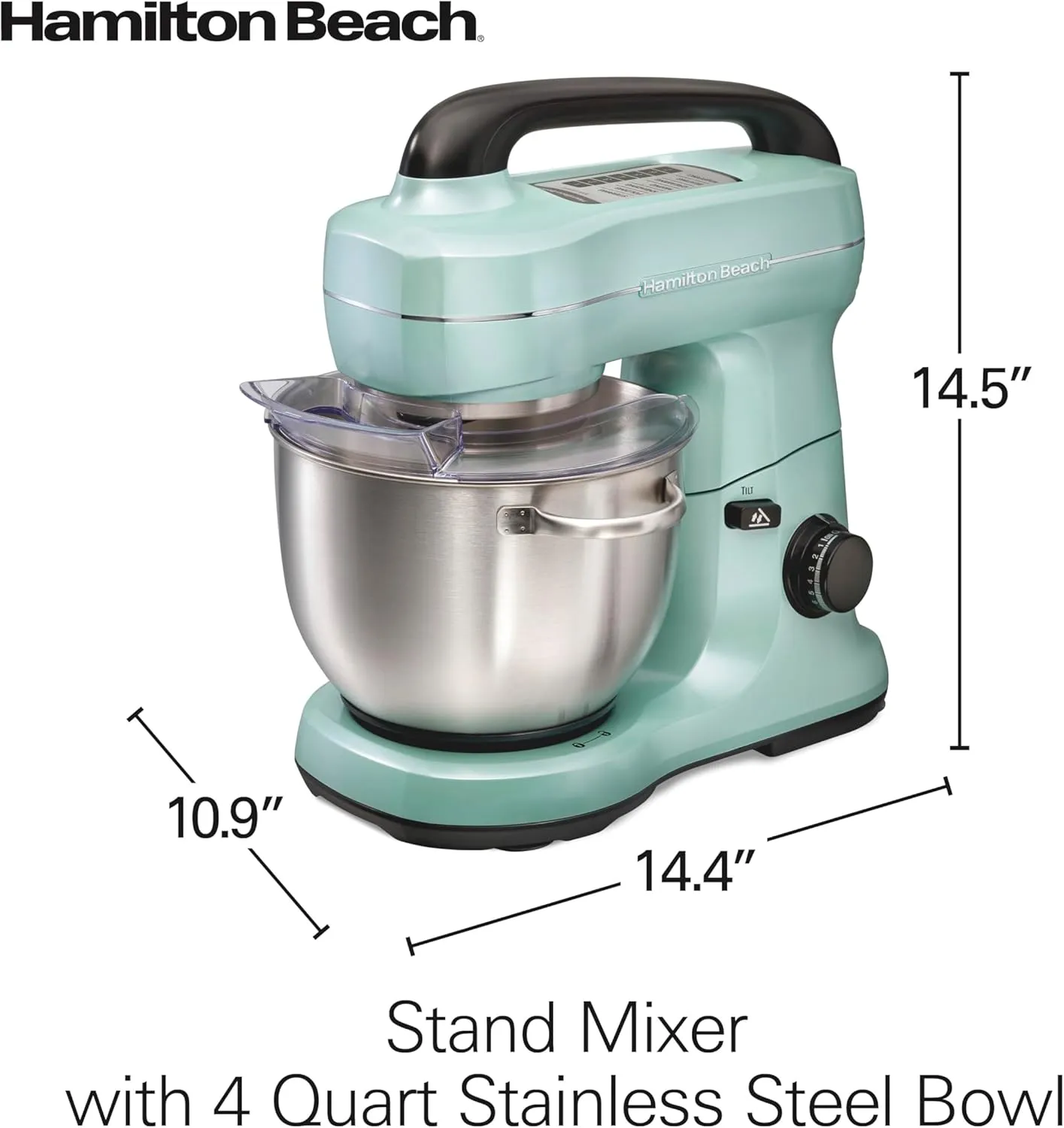 Hamilton Beach Electric Stand Mixer, 4 Quarts, Dough Hook, Flat Beater Attachments, Splash Guard, 7 Speeds with Whisk, Aqua