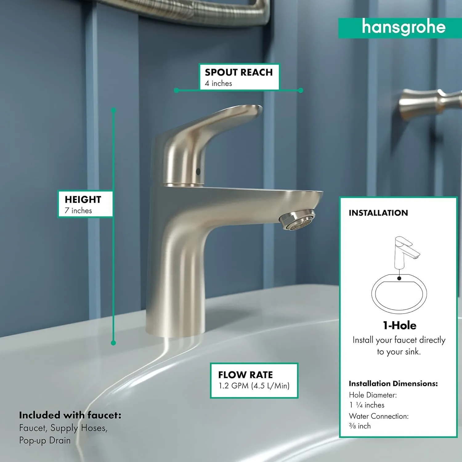 hansgrohe Focus Modern Upgrade Easy Clean 1-Handle 1 7-inch Tall Bathroom Sink Faucet in Brushed Nickel, 04371820