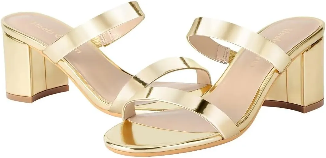 Heels Charm Women's Chunky Block Low Heeled Sandals 2.75 Inches Open Toe Two Strap Slip on Block High Heel Sandal Dress Sandals Daily Work Party Shoes