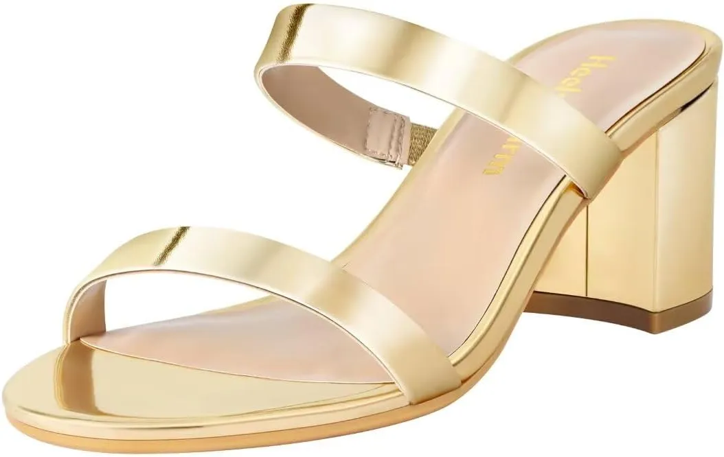 Heels Charm Women's Chunky Block Low Heeled Sandals 2.75 Inches Open Toe Two Strap Slip on Block High Heel Sandal Dress Sandals Daily Work Party Shoes