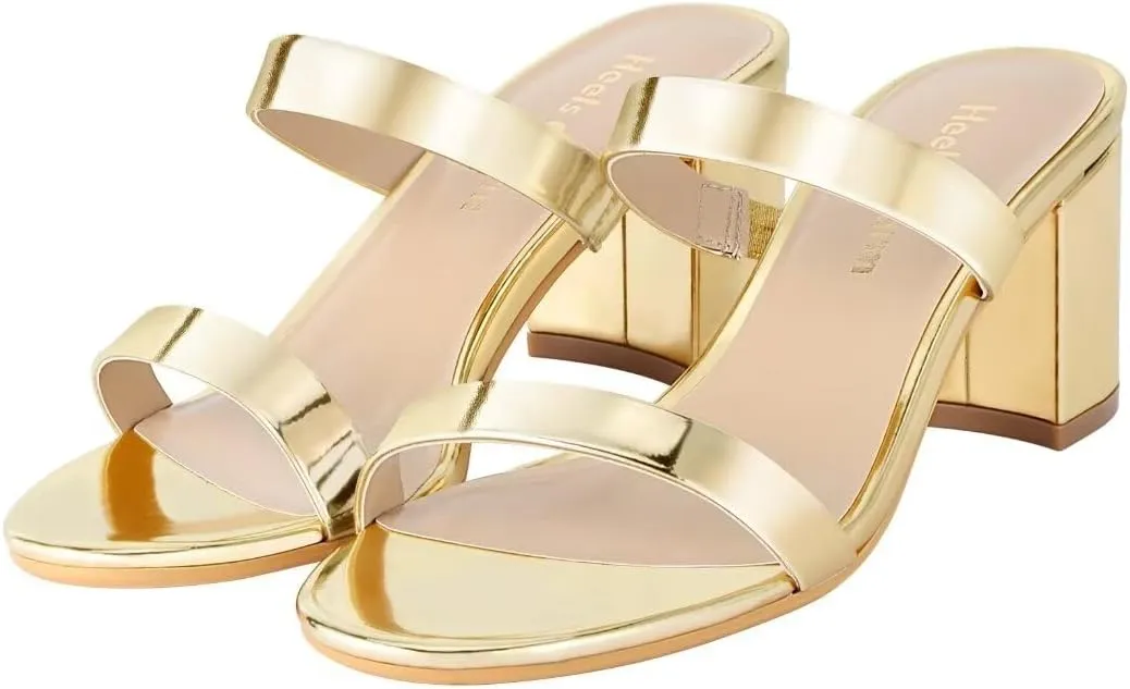 Heels Charm Women's Chunky Block Low Heeled Sandals 2.75 Inches Open Toe Two Strap Slip on Block High Heel Sandal Dress Sandals Daily Work Party Shoes