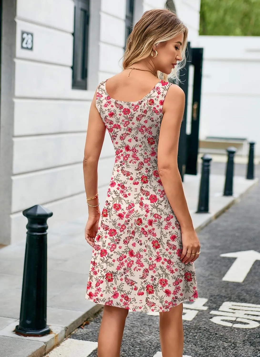 Herou Summer Beach Floral Dresses for Women A line Sleeveless Wide Strap High Waist Midi Tank Dress