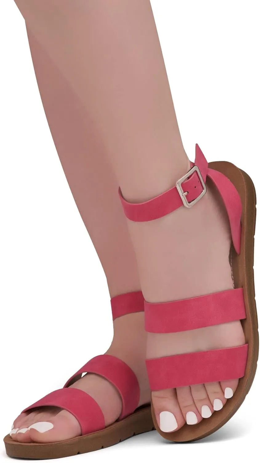 Herstyle Needed Me Women's Flat Sandals, Open Toe Two Bands with Ankle Strap and Buckle, Lightweight Sandals with Cushioned Footbed for Summer Walking and Daily Wear