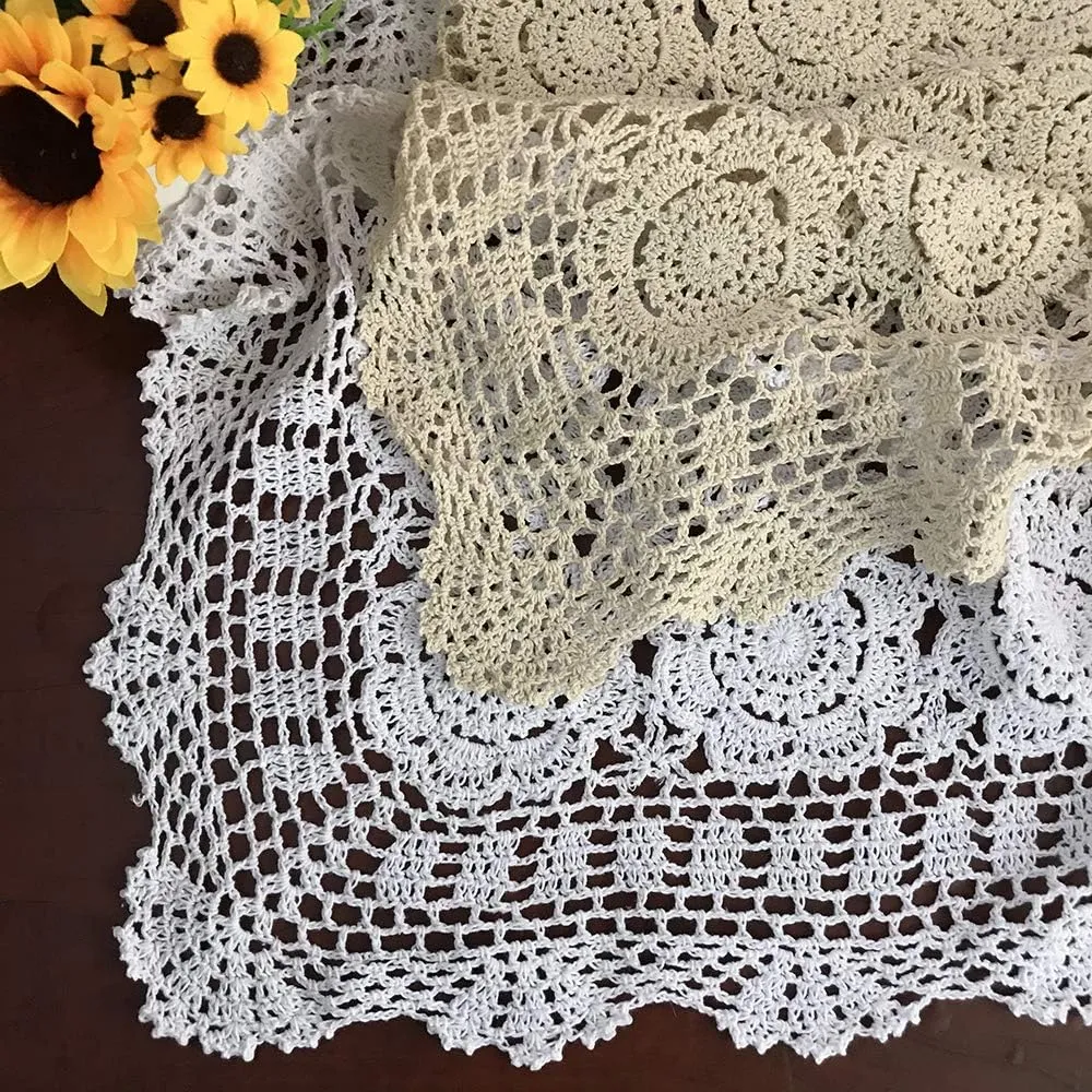 Hetao 100% Cotton Handmade Crochet Square Tablecloth Doilies Lace Table Covers ,White, 27 Inch