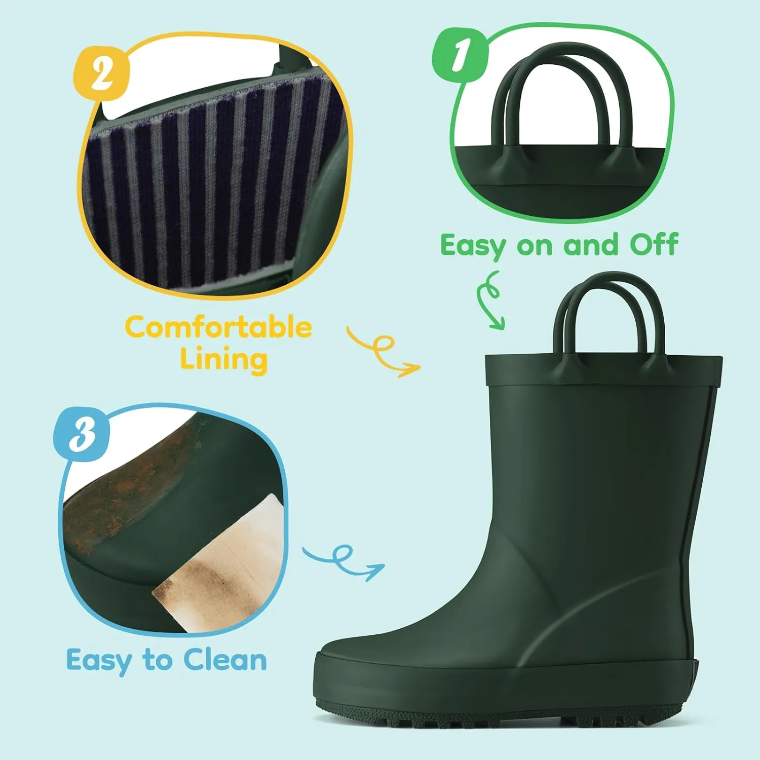 HISEA Rubber Rain Boots for Toddlers and Kids Boys Girls Lightwight Waterproof with Easy-on Handle