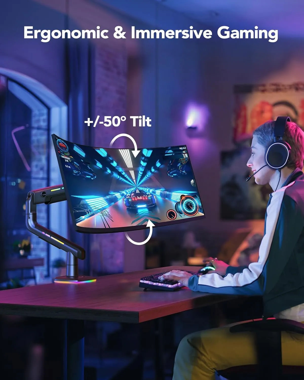 HUANUO RGB Monitor Arm for Ultrawide Screens up to 57″, Heavy-Duty Single Mount Holds 44 lbs, Fully Adjustable Gaming Monitor Arm with C-Clamp & Grommet Base, Max VESA 100 x 100mm