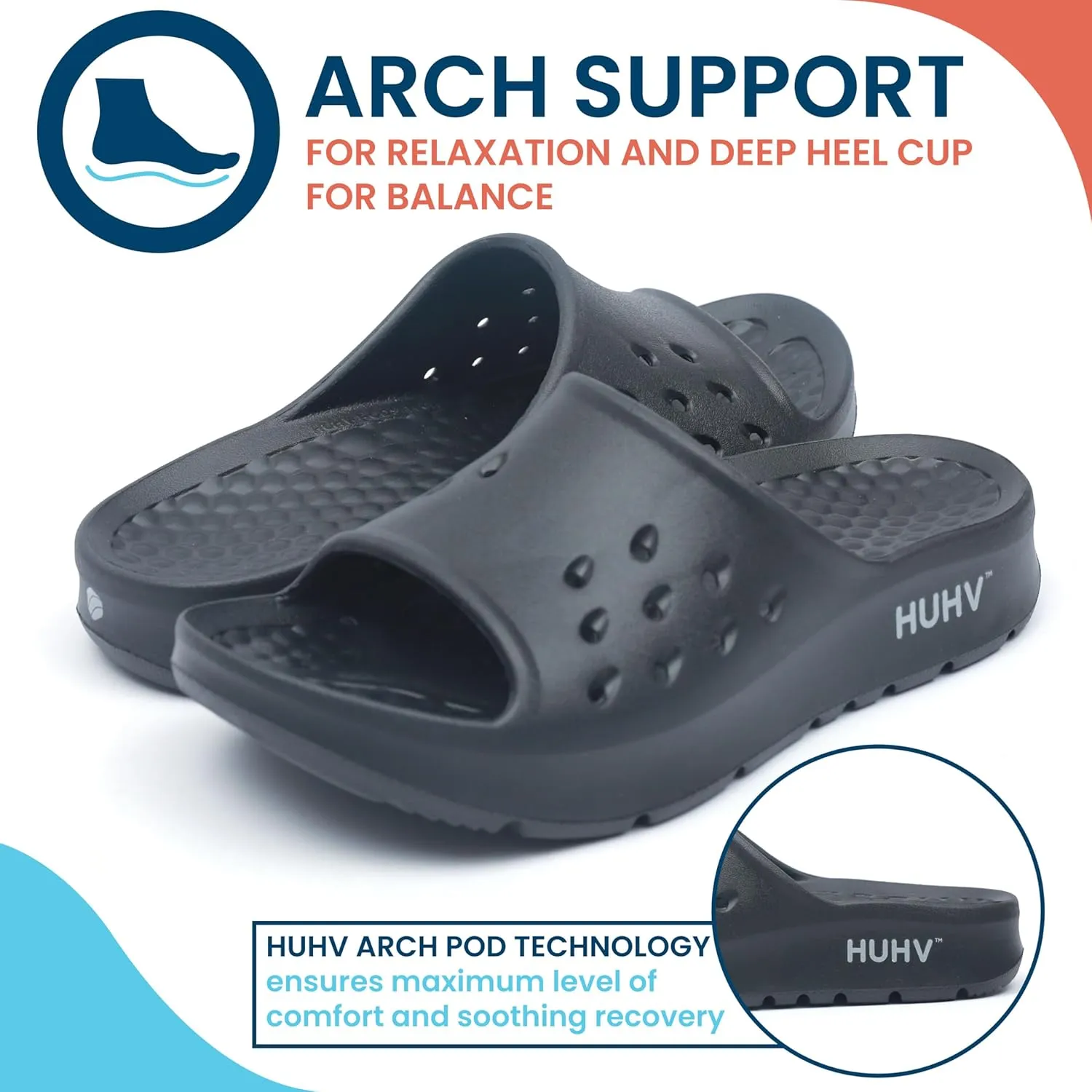 HUHV Women's MAX Cushion Arch Pod Tech Recovery comfort Slide Sandal with Comfort Orthotic Arch Support and our Proprietary HEALIUM Foam Technology