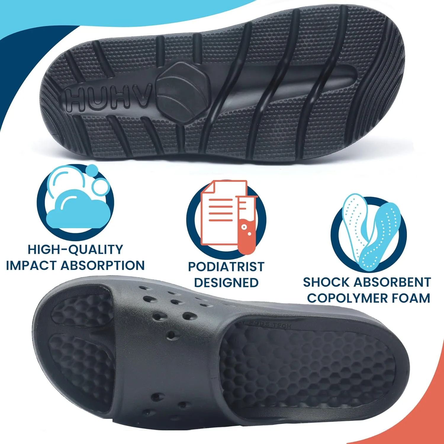 HUHV Women's MAX Cushion Arch Pod Tech Recovery comfort Slide Sandal with Comfort Orthotic Arch Support and our Proprietary HEALIUM Foam Technology