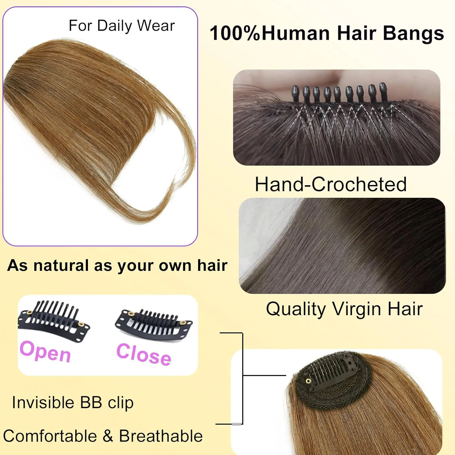 Human Hair Clip in Bangs,Women Air Thinning Curtain Flat Medium Brown Bangs, Natural Curved Wispy Bangs,Real Human Hair Extensions Faux Bangs for Daily Wear(Wispy Bangs,Medium Brown)