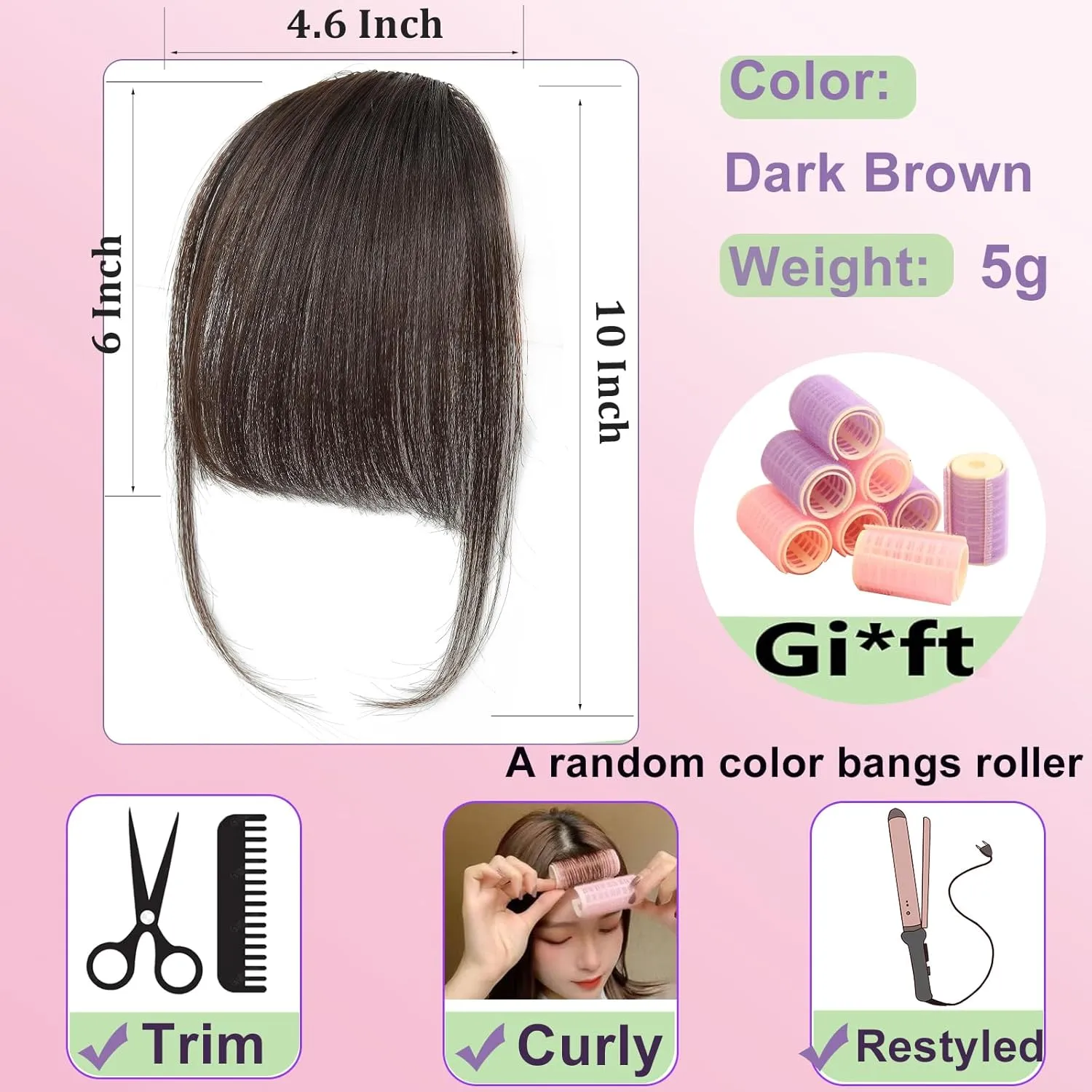 Human Hair Dark Brown Clip in Bangs, Women Air Thinning Curtain Flat Bangs, Natural Curved Wispy, Real Human Hair Faux Fake