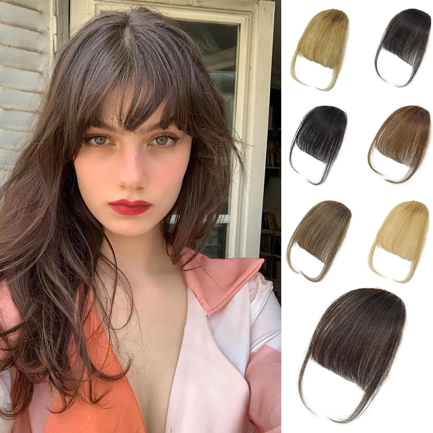 Human Hair Dark Brown Clip in Bangs, Women Air Thinning Curtain Flat Bangs, Natural Curved Wispy, Real Human Hair Faux Fake