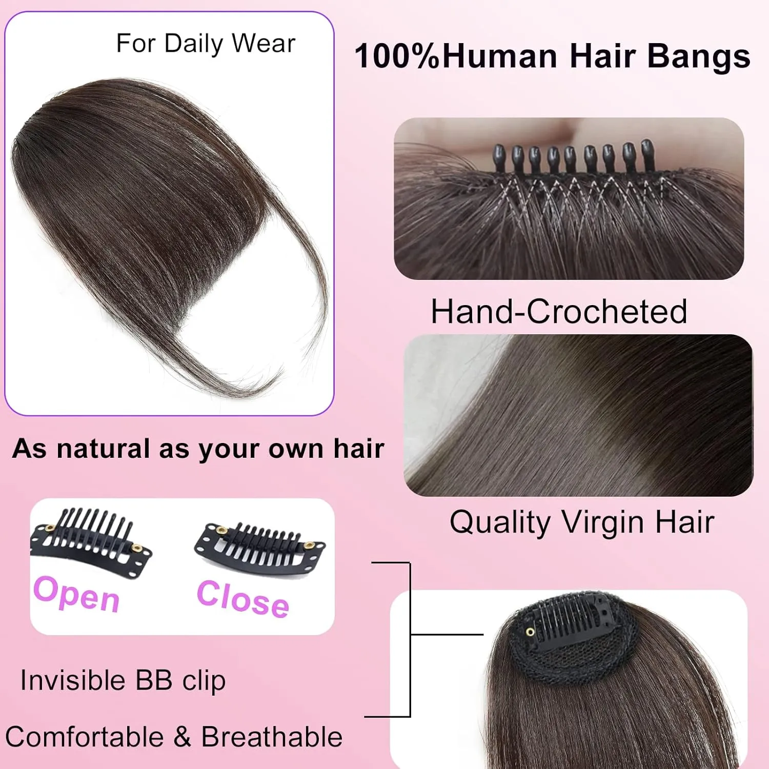 Human Hair Dark Brown Clip in Bangs, Women Air Thinning Curtain Flat Bangs, Natural Curved Wispy, Real Human Hair Faux Fake