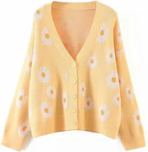 Hyipels Women's Long Sleeve Cardigan Sweater,Cute Y2K Top Knit Colorful Patterned V Neck Button Outwear S~XL