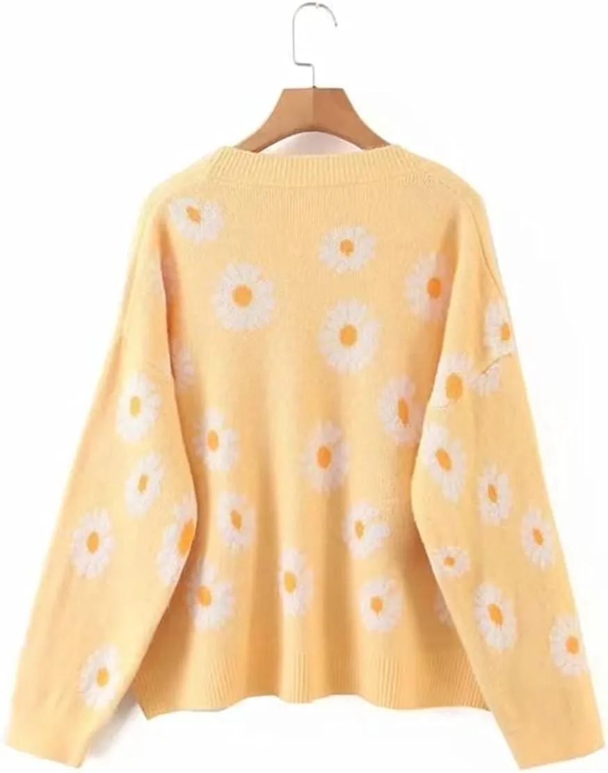 Hyipels Women's Long Sleeve Cardigan Sweater,Cute Y2K Top Knit Colorful Patterned V Neck Button Outwear S~XL