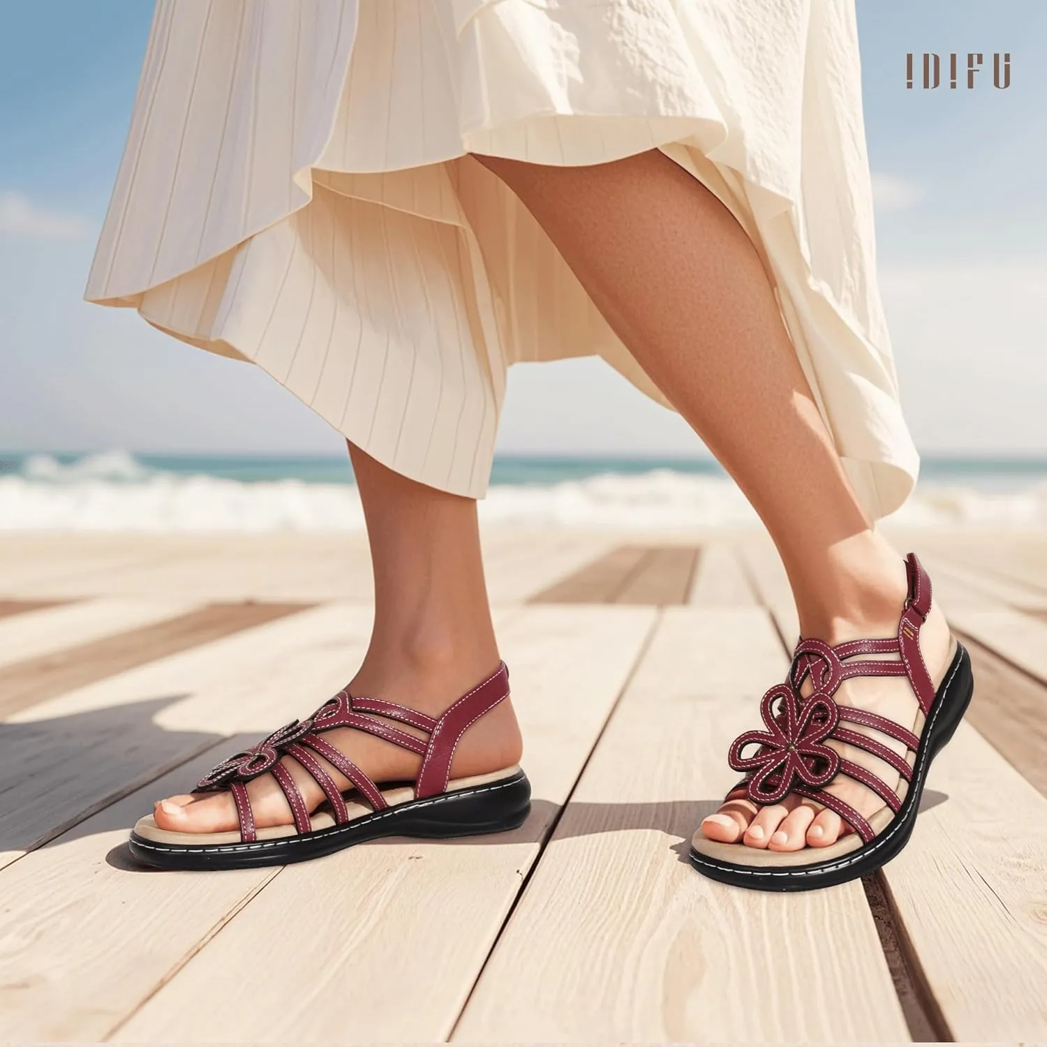 IDIFU Women's Sandals Strappy Back Strap Open Toe Slingback Sandals Summer Beach Walking Wedding Bridal Dress Sandals for Women Travel Dressy Comfortable Trendy Casual Flats Sandals - Wide Width