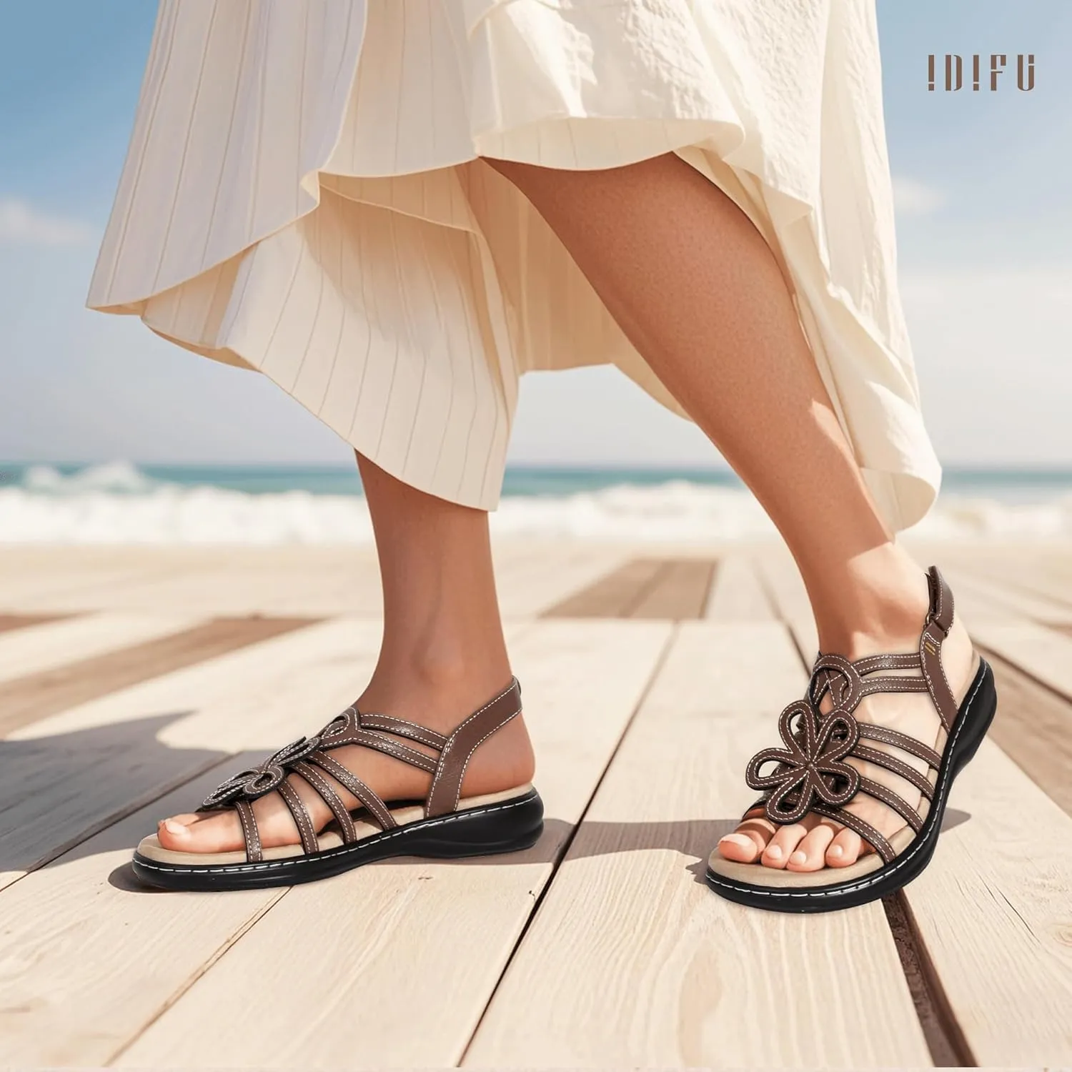 IDIFU Women's Sandals Strappy Back Strap Open Toe Slingback Sandals Summer Beach Walking Wedding Bridal Dress Sandals for Women Travel Dressy Comfortable Trendy Casual Flats Sandals - Wide Width