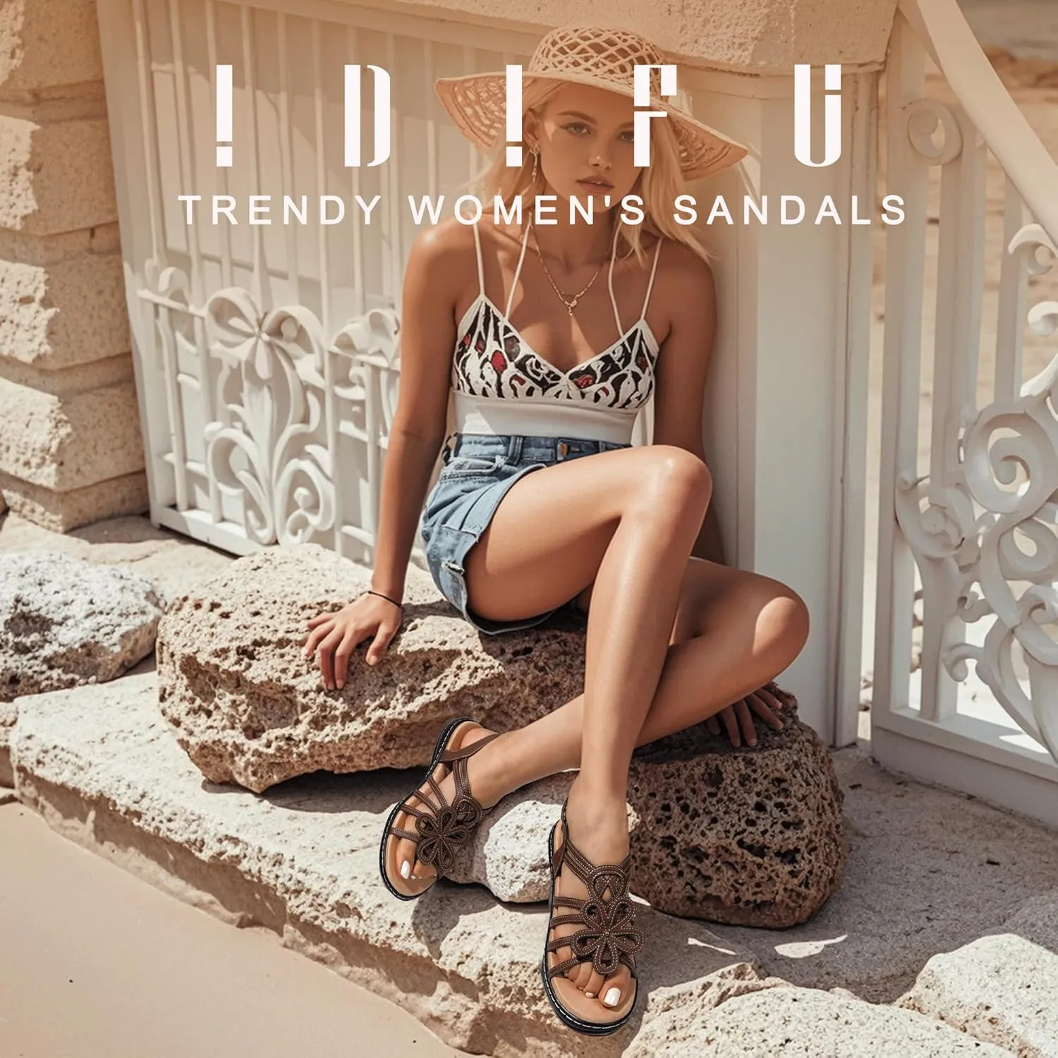 IDIFU Women's Sandals Strappy Back Strap Open Toe Slingback Sandals Summer Beach Walking Wedding Bridal Dress Sandals for Women Travel Dressy Comfortable Trendy Casual Flats Sandals - Wide Width